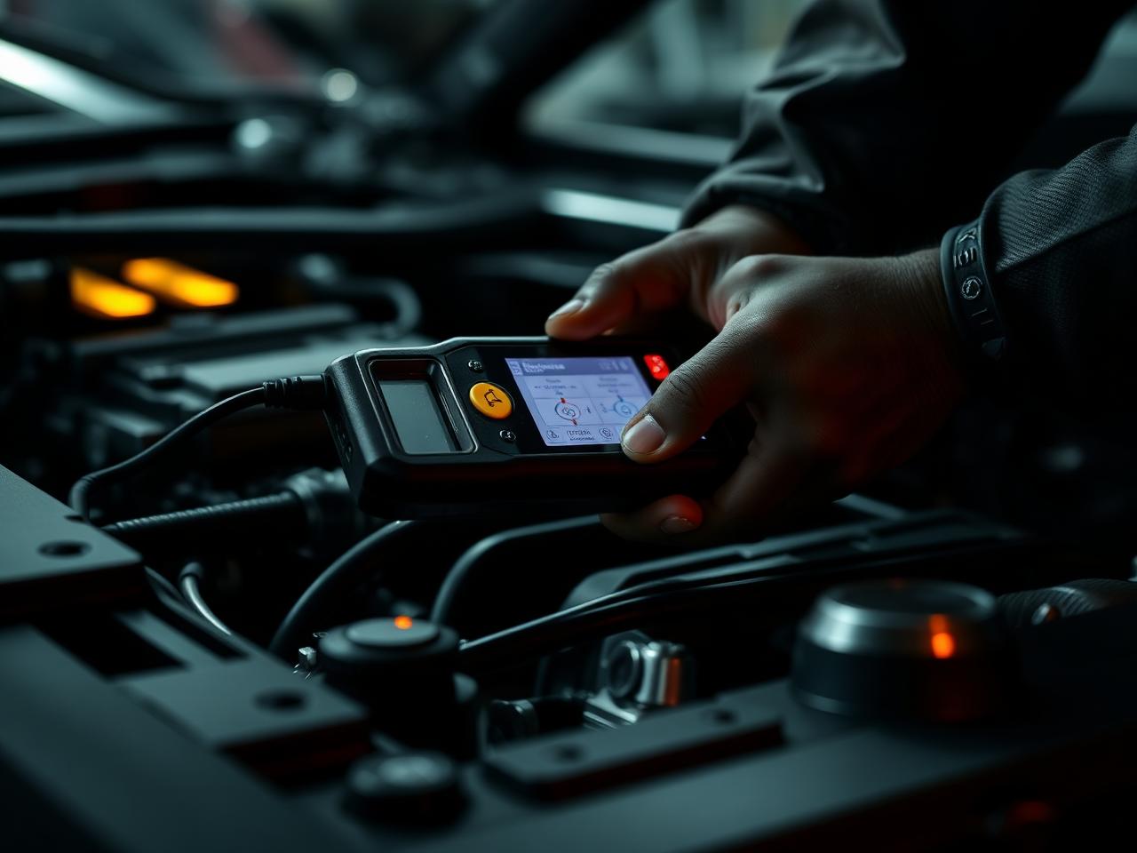 Mechanic running engine diagnostics with scan tool