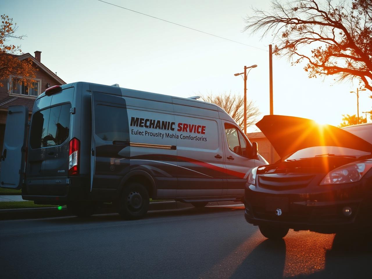 Mobile mechanic service van at a customer's home in DFW